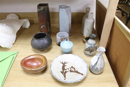 Eleven various Japanese pottery vases, bowls and dishes
